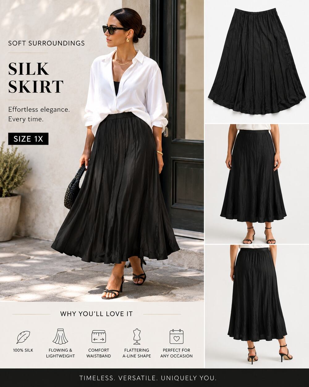 Soft Surroundings Black Silk A-Line Maxi Skirt Pull-On Boho Size 1X Office
